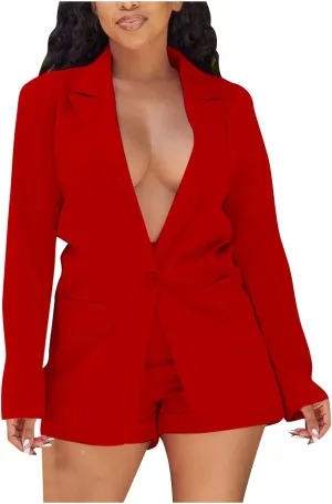2 Piece Outfits for Women Dressy Long Sleeve Blazer High Waist Shorts Suits Set Business Casual Office Work Outfit
