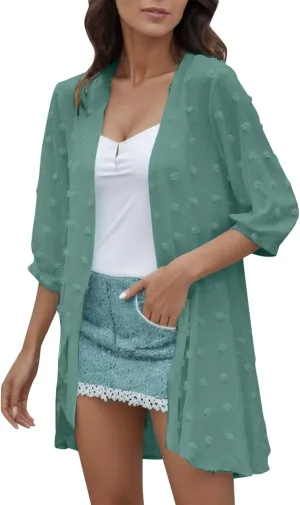 2023 Womens Cardigan Summer Chiffon Swimsuit Coverup Kimono Fall Open Front 3/4 Sleeve Coats Lightweight Beach Cover Up Tops