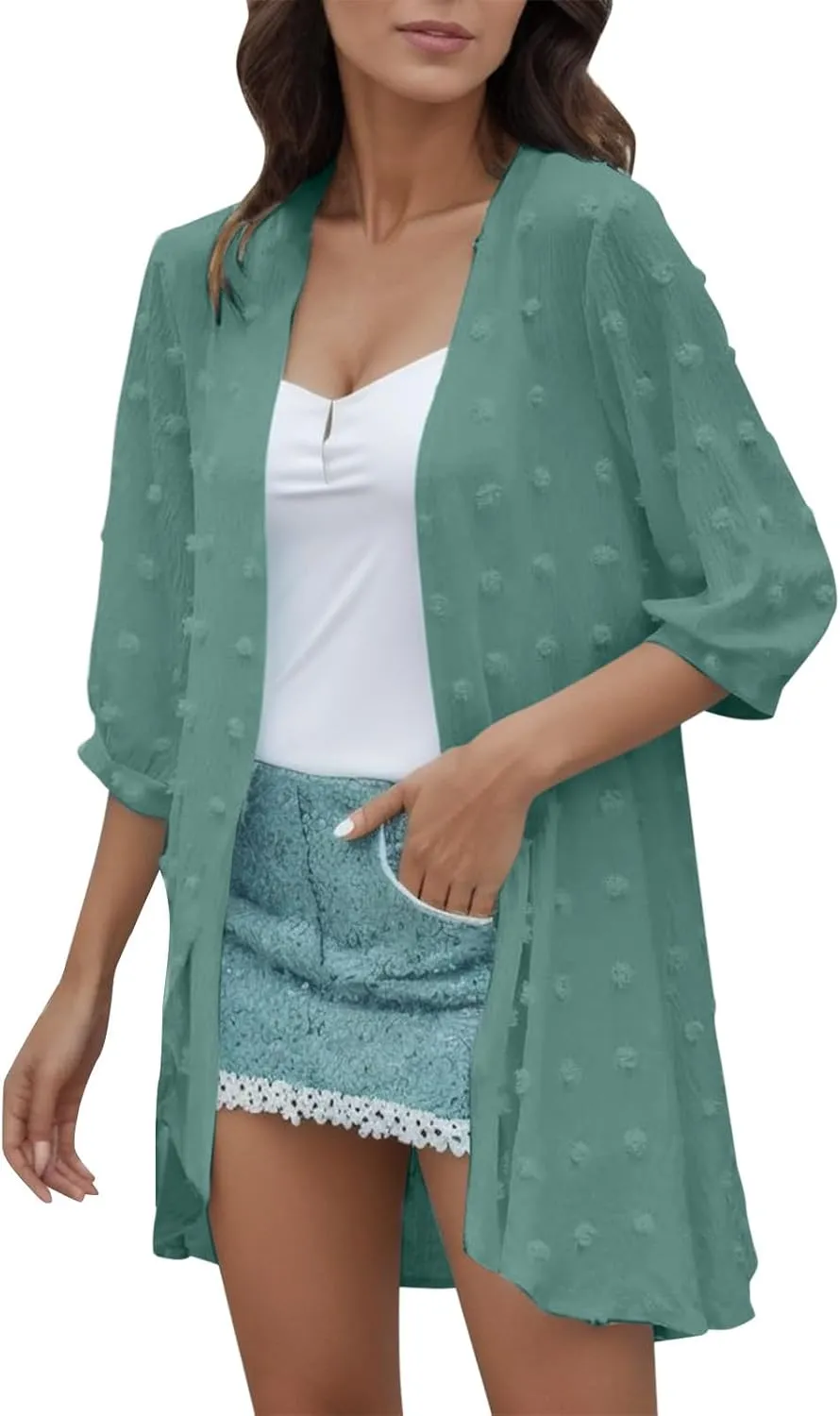 2023 Womens Cardigan Summer Chiffon Swimsuit Coverup Kimono Fall Open Front 3/4 Sleeve Coats Lightweight Beach Cover Up Tops