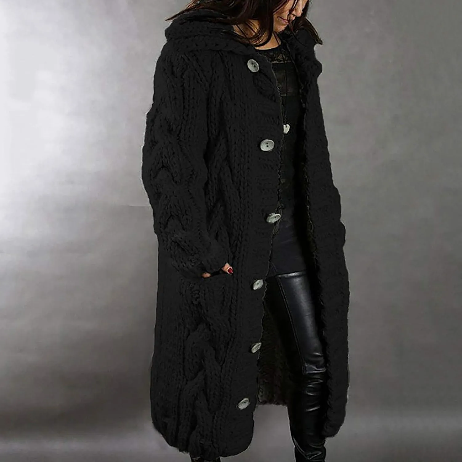 2023 Women's Long Sleeve Cardigans Cable Knit Sweater Open Front Cardigan Sweaters Button Loose Outerwear Winter Coat Jacket