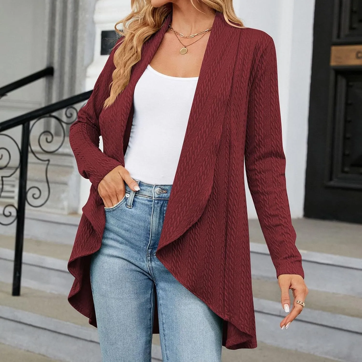 2023 Women's Open Front Cardigan Casual Long Sleeve Classic Sweaters Cardigans Fall Lightweight Coat Trendy Draped Jacket
