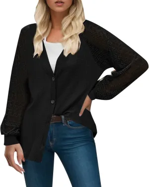 2023 Womens Sweater Cardigan Cropped Shrugs for Dresses Tops Button Down Lightweight Soft Coat Fall Lace Sleeve Cardigans