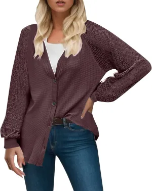 2023 Womens Sweater Cardigan Cropped Shrugs for Dresses Tops Button Down Lightweight Soft Coat Fall Lace Sleeve Cardigans