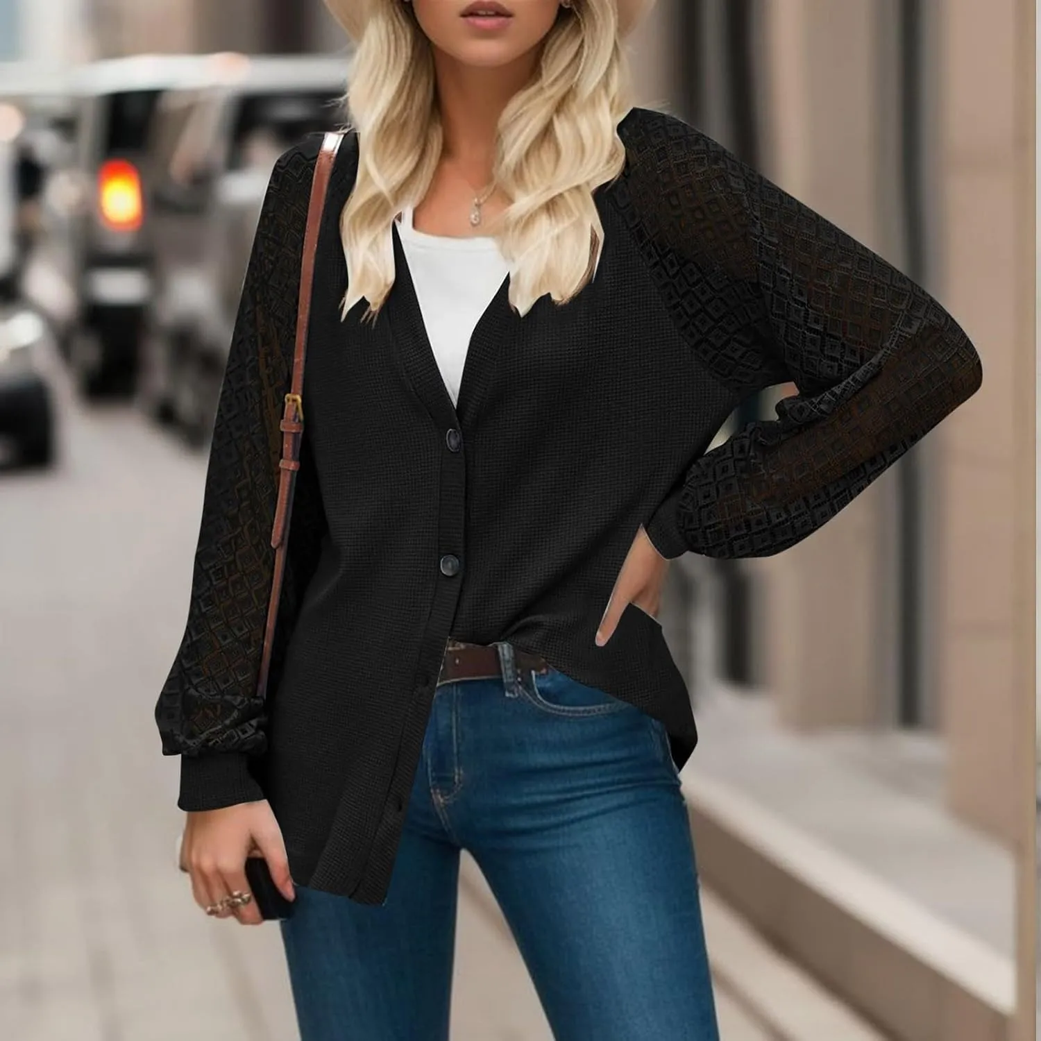2023 Womens Sweater Cardigan Cropped Shrugs for Dresses Tops Button Down Lightweight Soft Coat Fall Lace Sleeve Cardigans