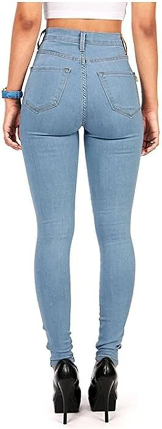 Andongnywell Women's High Waist Button Wide Waist Jeans High Waisted Jeans Women Skinny Denim Slim Pants