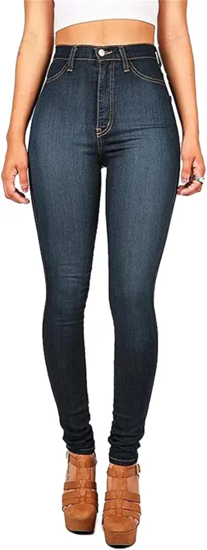 Andongnywell Women's High Waist Button Wide Waist Jeans High Waisted Jeans Women Skinny Denim Slim Pants