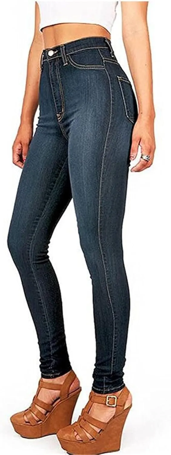 Andongnywell Women's High Waist Button Wide Waist Jeans High Waisted Jeans Women Skinny Denim Slim Pants