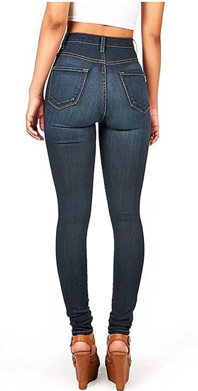Andongnywell Women's High Waist Button Wide Waist Jeans High Waisted Jeans Women Skinny Denim Slim Pants