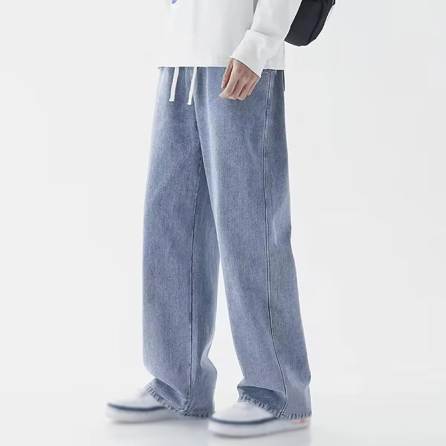 Baggy Jeans Men Vintage Y2k Hip Hop Straight Leg Jean Streetwear Drawstring Waist Denim Pants Casual Loose Trousers