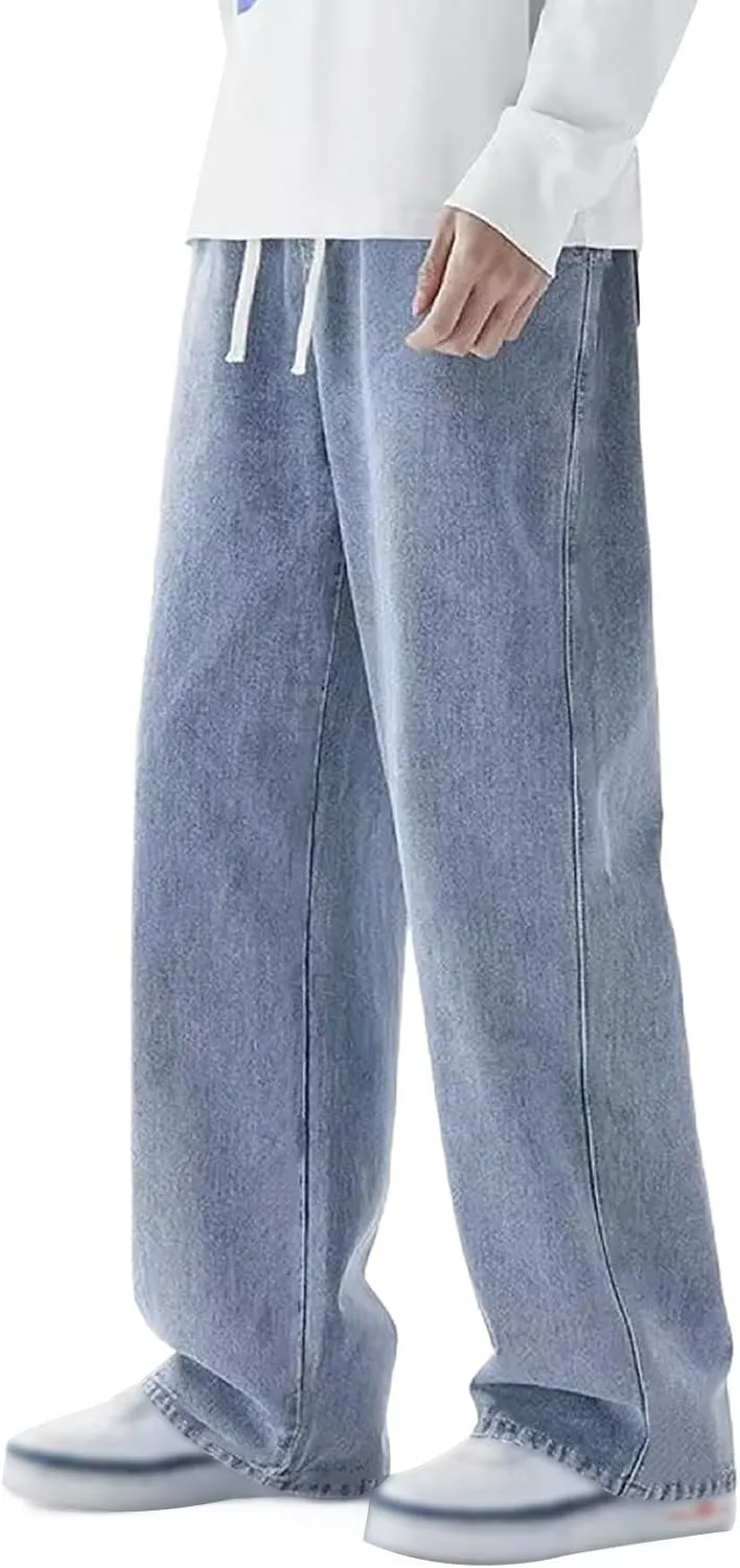 Baggy Jeans Men Vintage Y2k Hip Hop Straight Leg Jean Streetwear Drawstring Waist Denim Pants Casual Loose Trousers