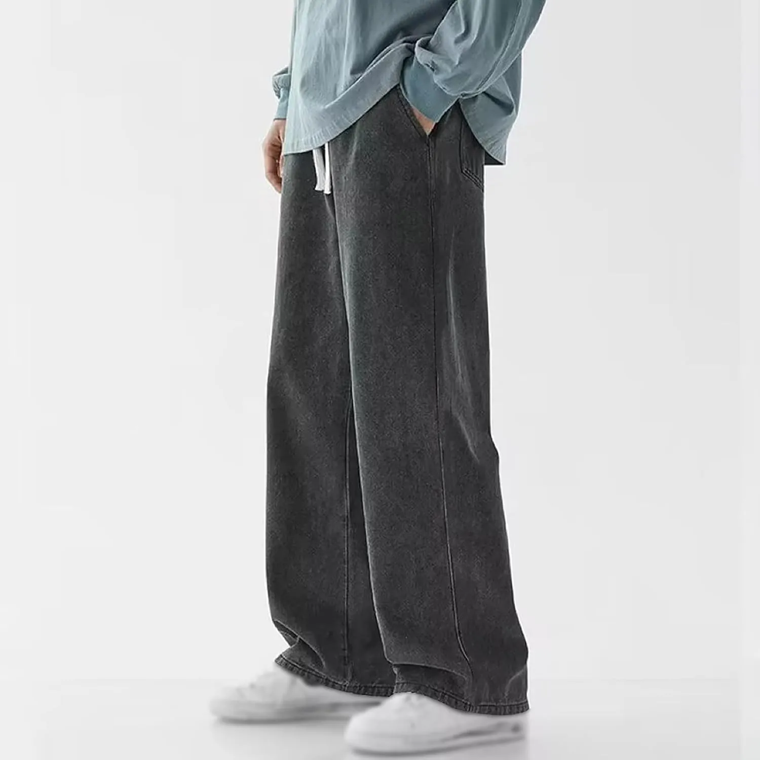 Baggy Jeans Men Vintage Y2k Hip Hop Straight Leg Jean Streetwear Drawstring Waist Denim Pants Casual Loose Trousers