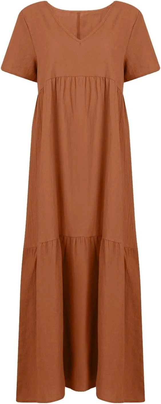 Beach Maxi Dress Cotton Linen Plus Size V Neck Boho Flowy Loose Length Long Dress Dresses for Women Wedding Guest