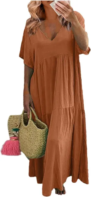 Beach Maxi Dress Cotton Linen Plus Size V Neck Boho Flowy Loose Length Long Dress Dresses for Women Wedding Guest