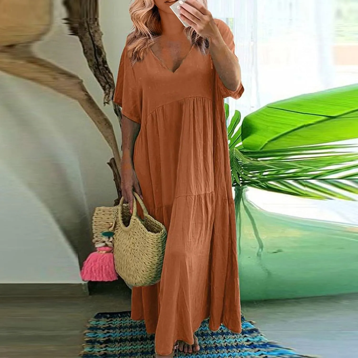 Beach Maxi Dress Cotton Linen Plus Size V Neck Boho Flowy Loose Length Long Dress Dresses for Women Wedding Guest