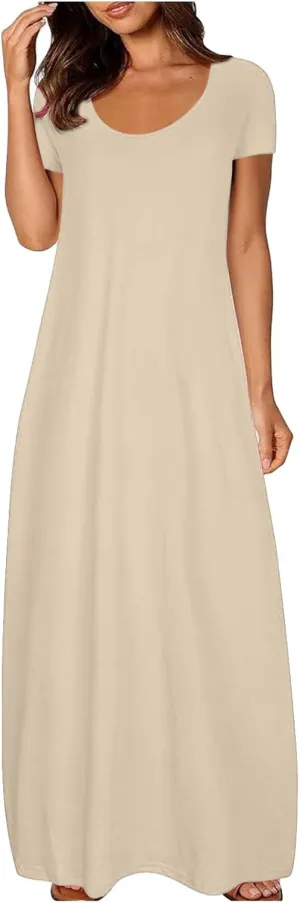 Beach Sundress for Women Summer Vacation Casual Crewneck Sundress Loose Fit Flowy Summer Boho Long Linen Dresses