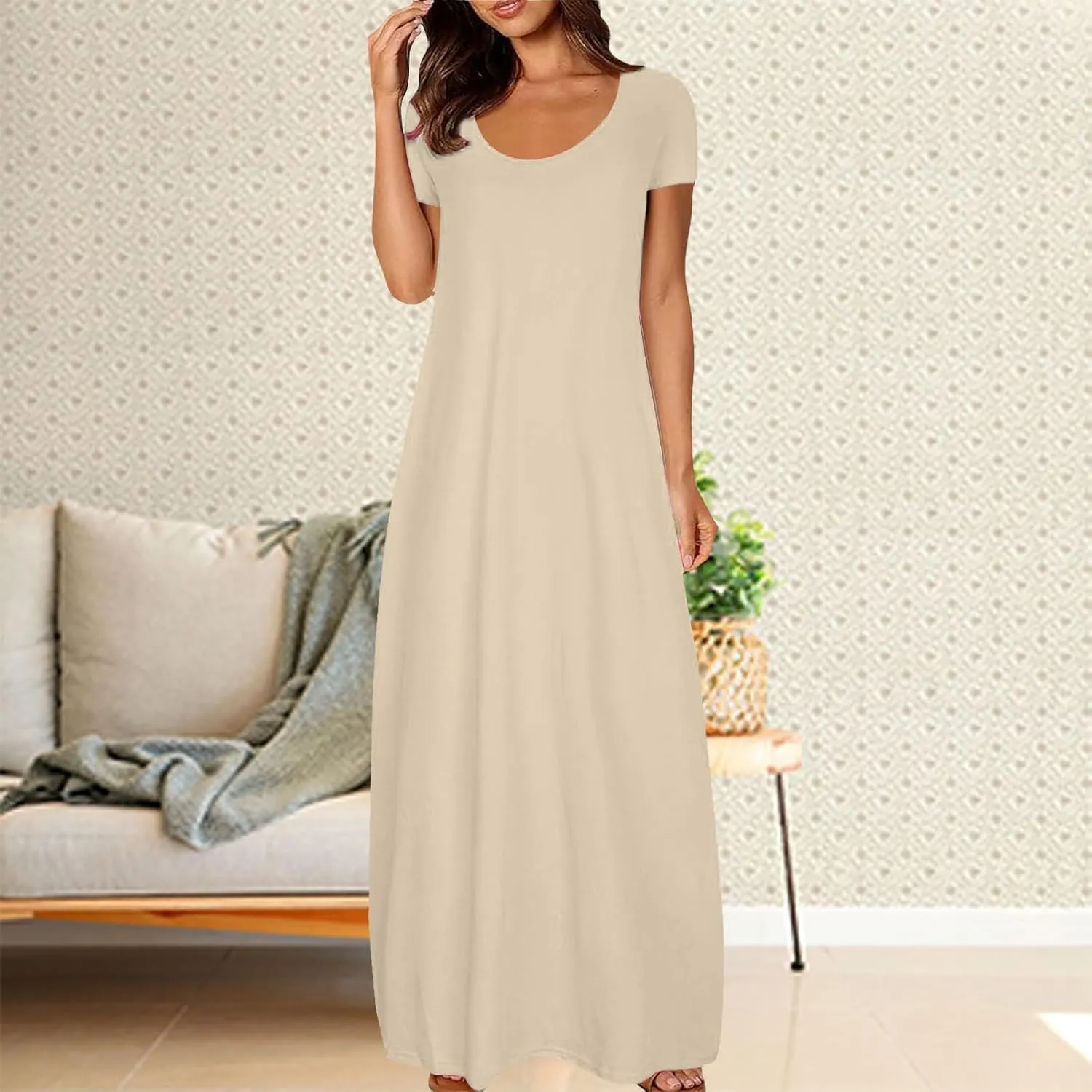 Beach Sundress for Women Summer Vacation Casual Crewneck Sundress Loose Fit Flowy Summer Boho Long Linen Dresses
