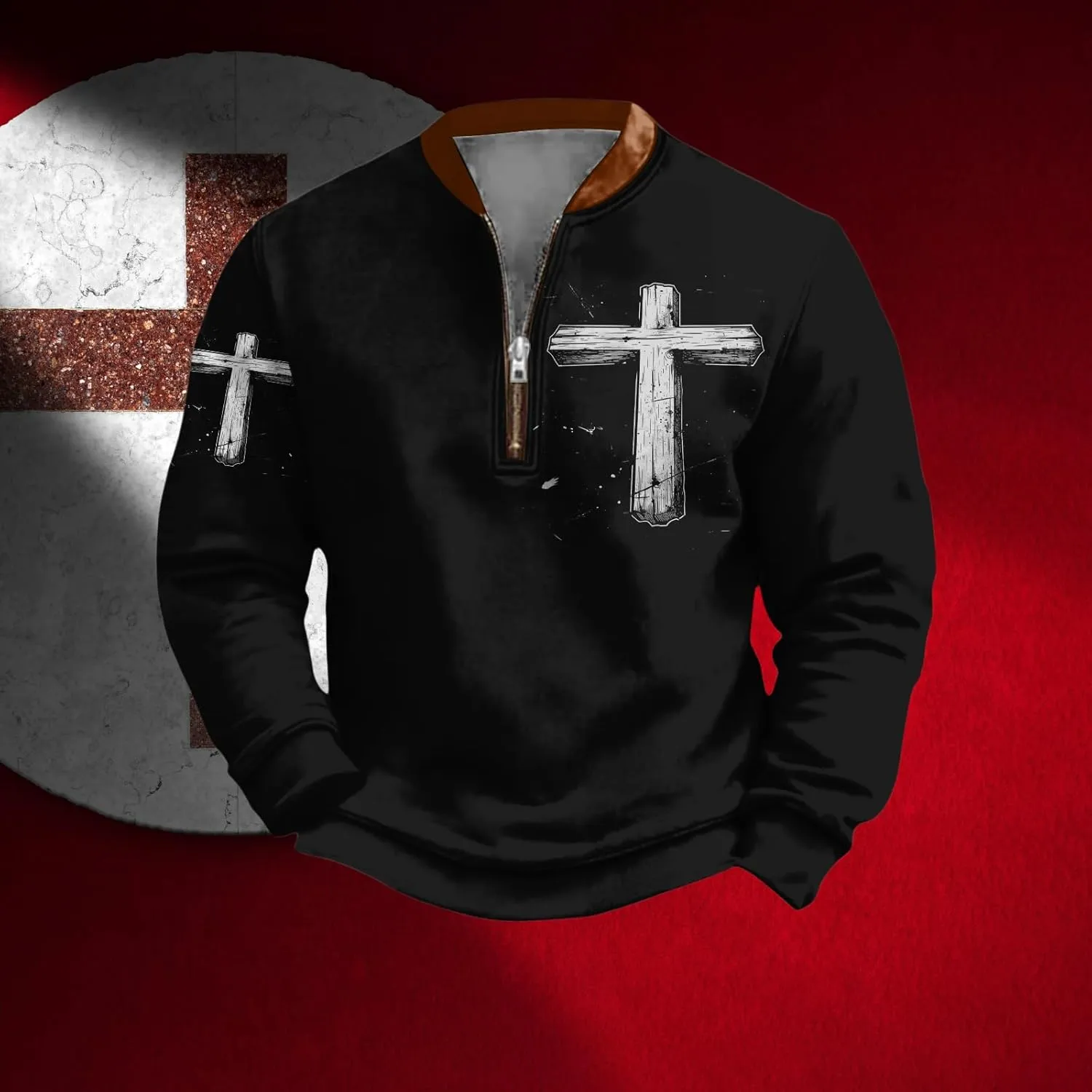 Bengbobar Mens Christian Sweatshirts Casual 1/4 Zip Jacket Jesus Cross Print Sweatshirt Fall Fashion Sweatshirts