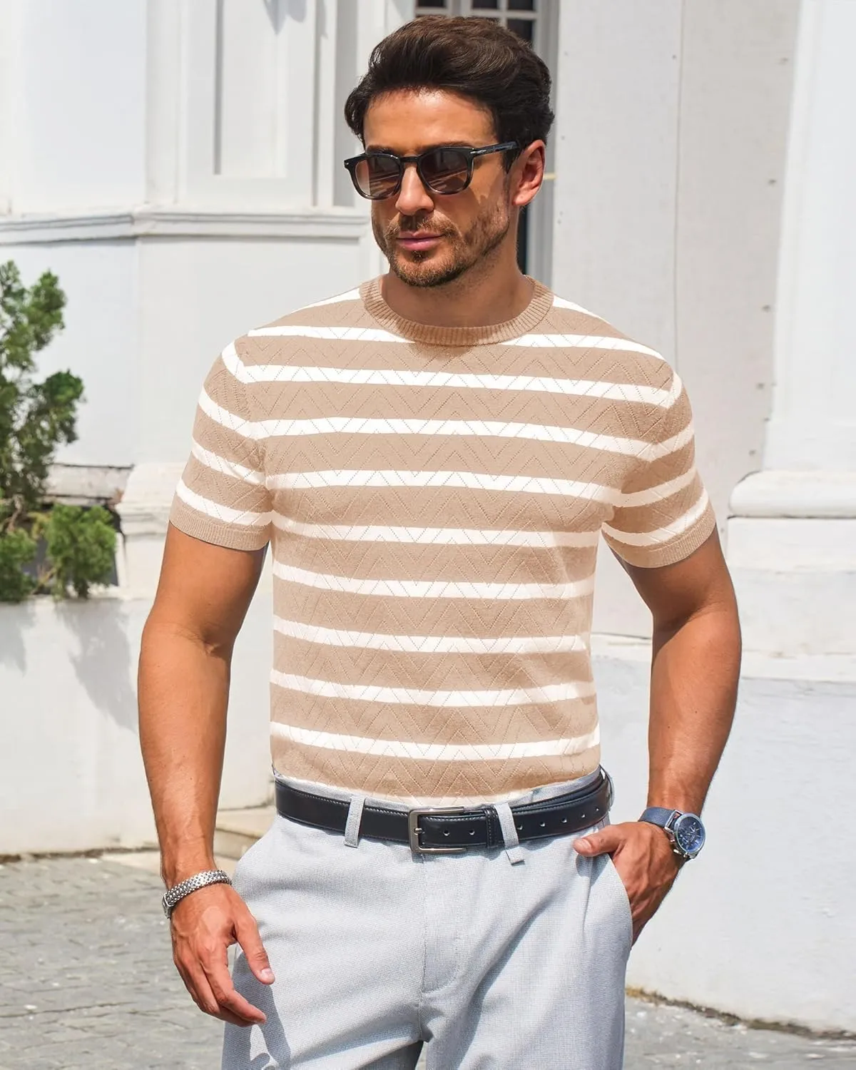 Beotyshow Mens Striped Knit T Shirts Short Sleeve Wave Textured Crew Neck Slim Fit Tee Shirts Casual Summer Tops