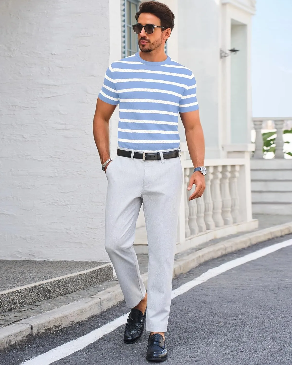 Beotyshow Mens Striped Knit T Shirts Short Sleeve Wave Textured Crew Neck Slim Fit Tee Shirts Casual Summer Tops