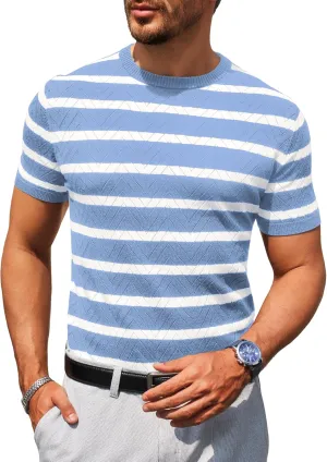 Beotyshow Mens Striped Knit T Shirts Short Sleeve Wave Textured Crew Neck Slim Fit Tee Shirts Casual Summer Tops