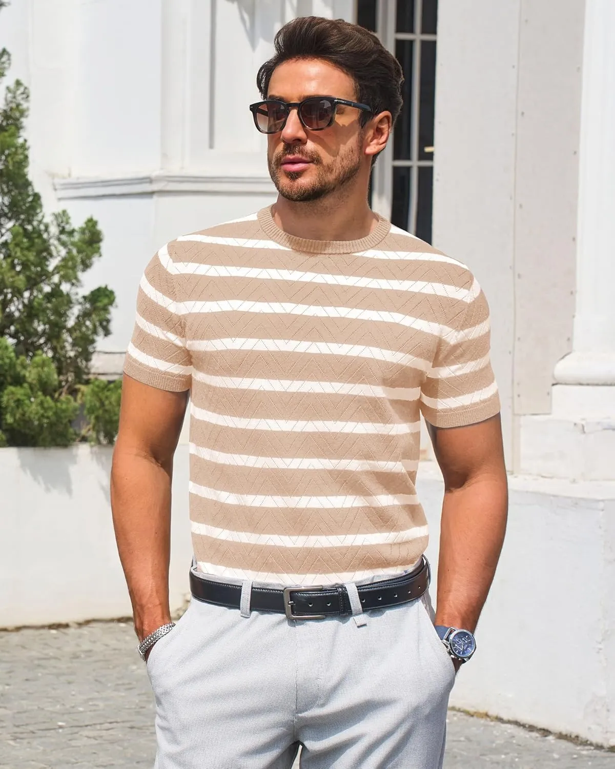 Beotyshow Mens Striped Knit T Shirts Short Sleeve Wave Textured Crew Neck Slim Fit Tee Shirts Casual Summer Tops