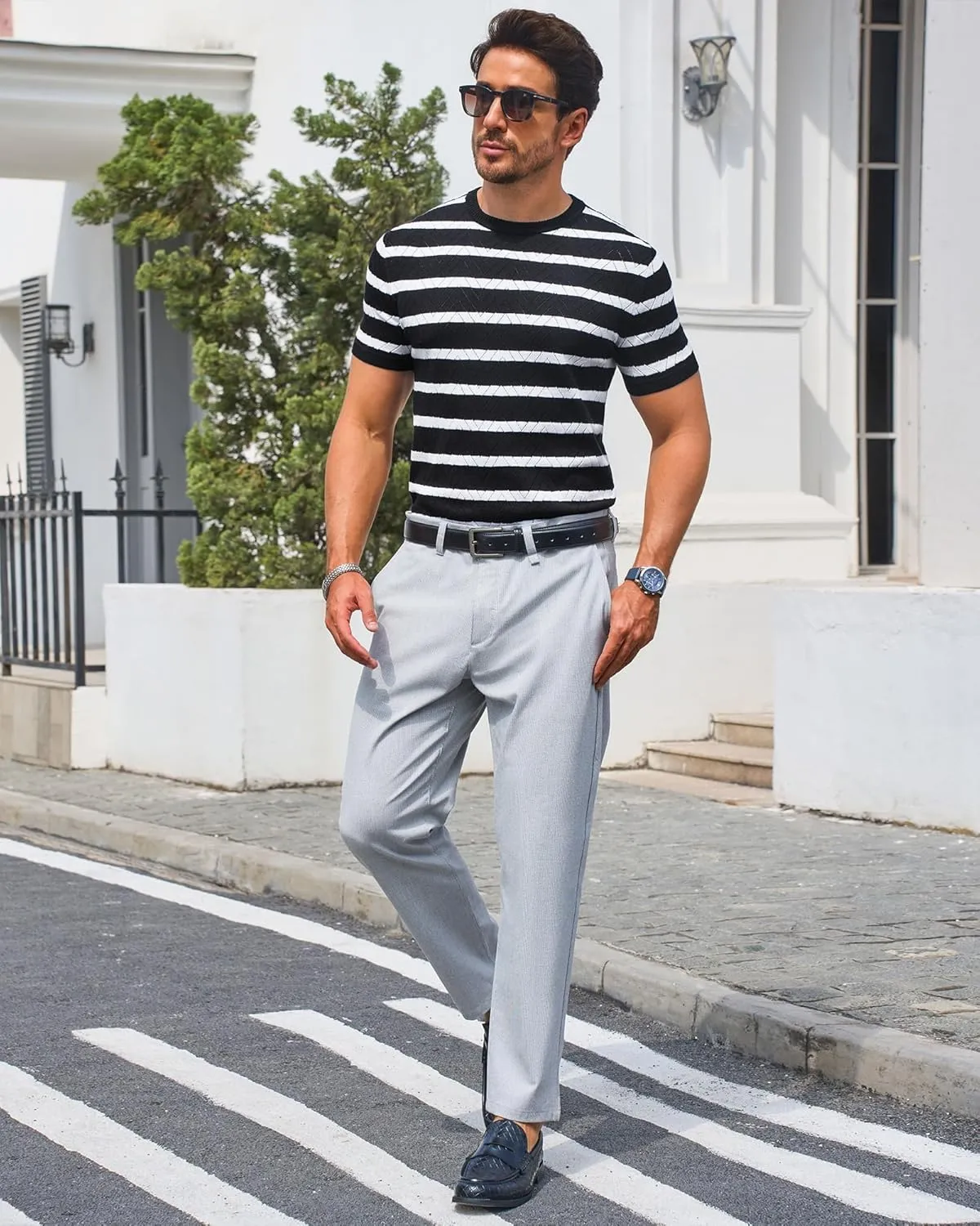 Beotyshow Mens Striped Knit T Shirts Short Sleeve Wave Textured Crew Neck Slim Fit Tee Shirts Casual Summer Tops