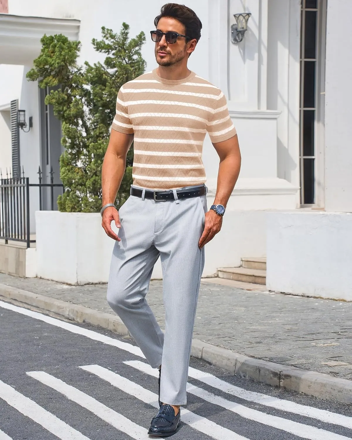 Beotyshow Mens Striped Knit T Shirts Short Sleeve Wave Textured Crew Neck Slim Fit Tee Shirts Casual Summer Tops