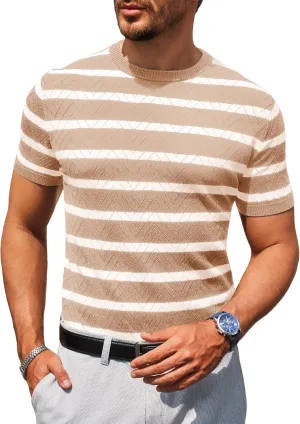 Beotyshow Mens Striped Knit T Shirts Short Sleeve Wave Textured Crew Neck Slim Fit Tee Shirts Casual Summer Tops