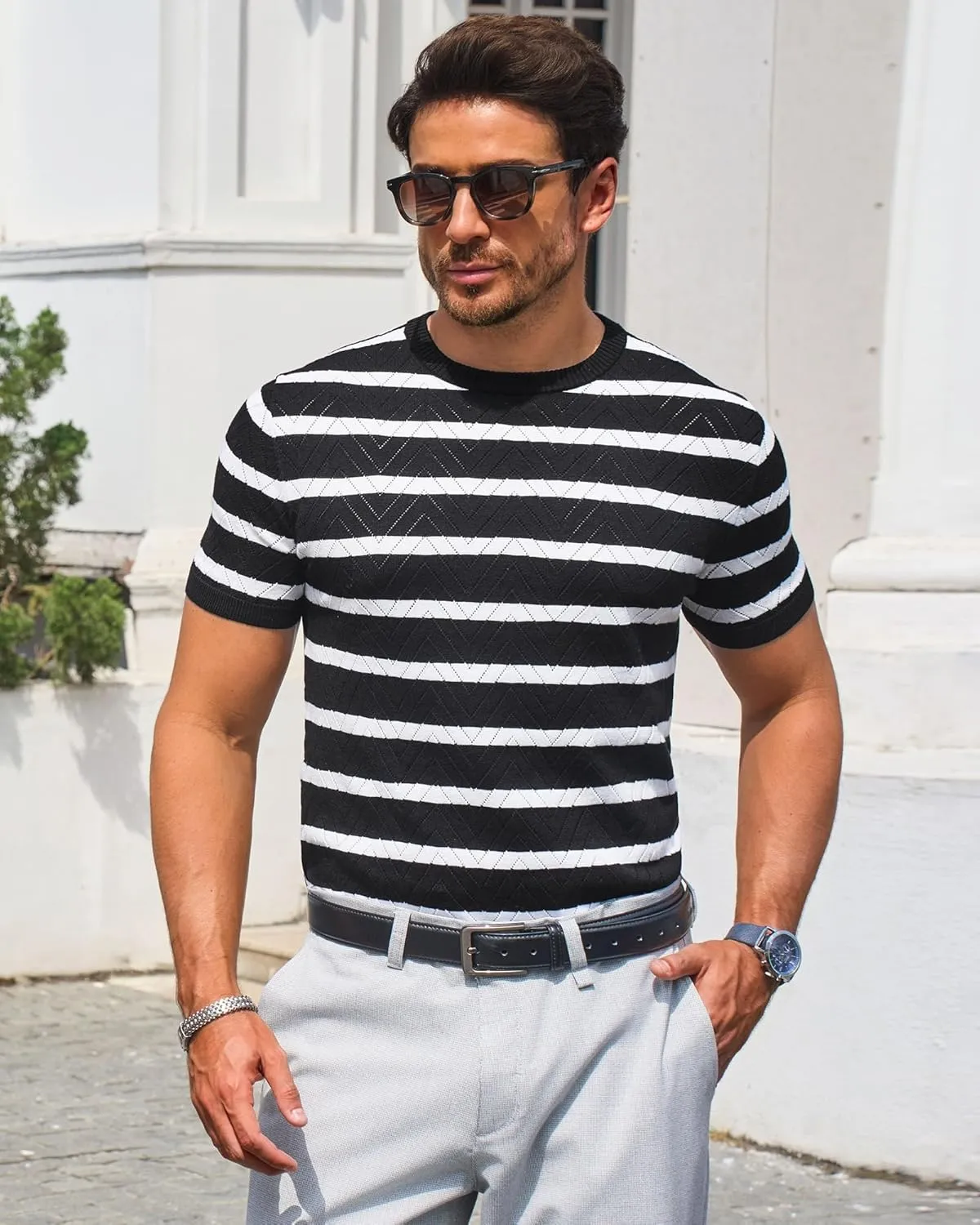 Beotyshow Mens Striped Knit T Shirts Short Sleeve Wave Textured Crew Neck Slim Fit Tee Shirts Casual Summer Tops