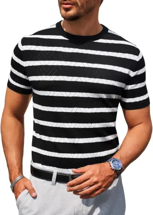 Beotyshow Mens Striped Knit T Shirts Short Sleeve Wave Textured Crew Neck Slim Fit Tee Shirts Casual Summer Tops