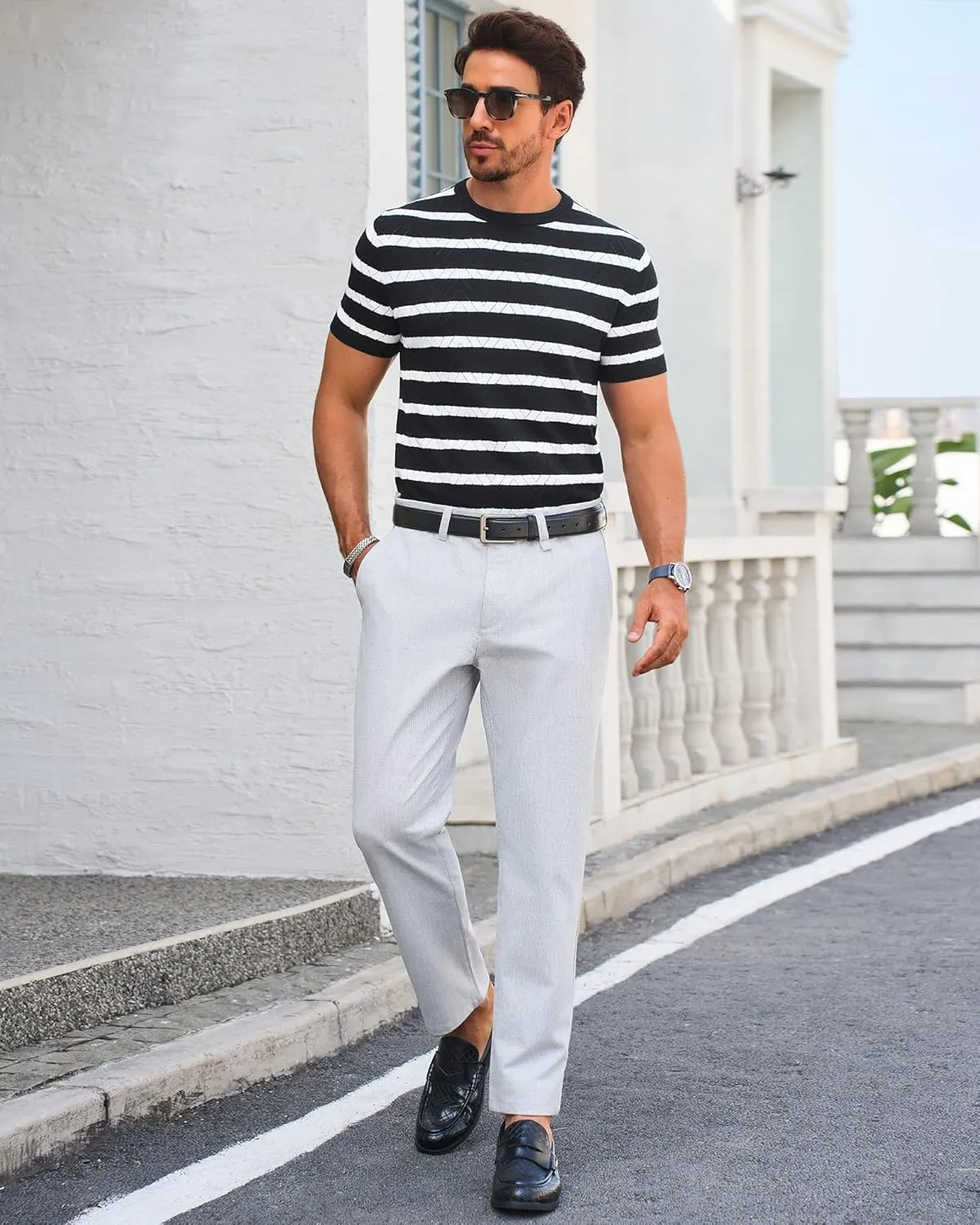 Beotyshow Mens Striped Knit T Shirts Short Sleeve Wave Textured Crew Neck Slim Fit Tee Shirts Casual Summer Tops