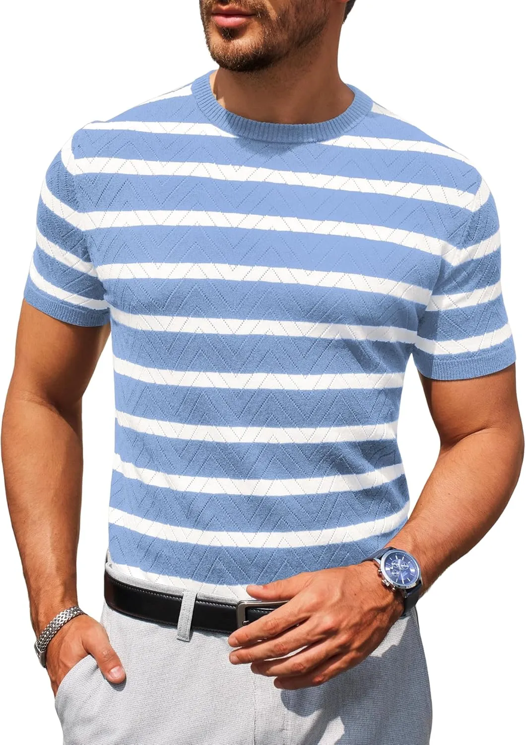 Beotyshow Mens Striped Knit T Shirts Short Sleeve Wave Textured Crew Neck Slim Fit Tee Shirts Casual Summer Tops