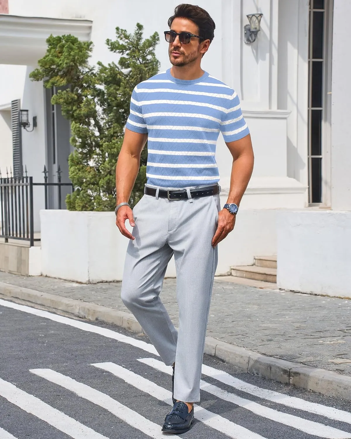 Beotyshow Mens Striped Knit T Shirts Short Sleeve Wave Textured Crew Neck Slim Fit Tee Shirts Casual Summer Tops