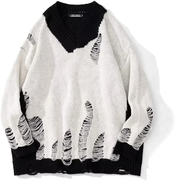 Black White Patchwork Pullovers Sweaters Men Harajuku Hole Knit Unisex Sweater