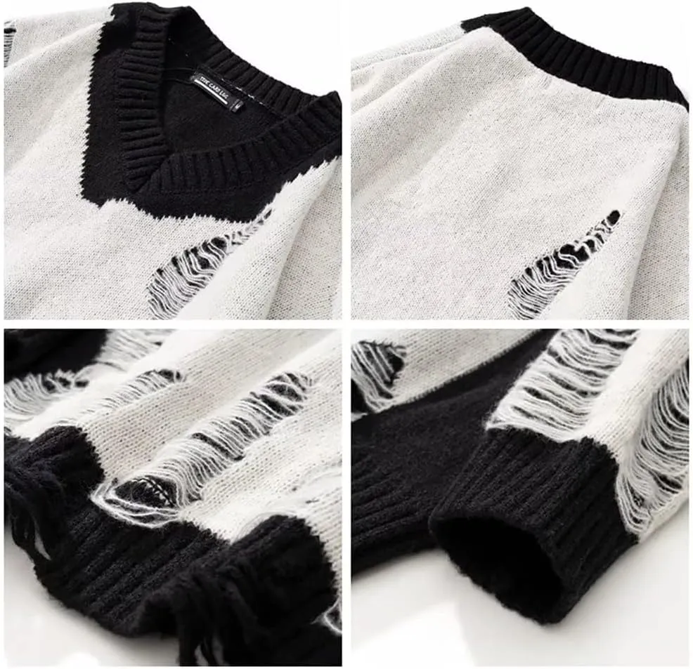 Black White Patchwork Pullovers Sweaters Men Harajuku Hole Knit Unisex Sweater