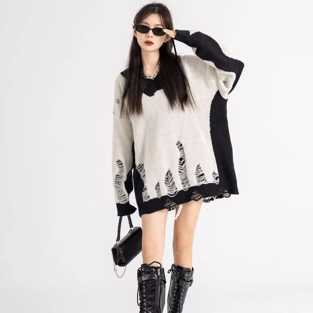 Black White Patchwork Pullovers Sweaters Men Harajuku Hole Knit Unisex Sweater