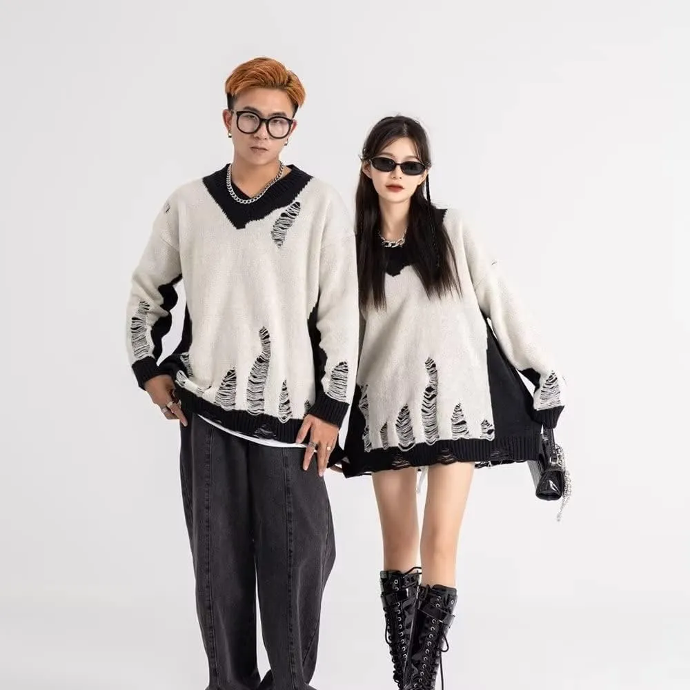 Black White Patchwork Pullovers Sweaters Men Harajuku Hole Knit Unisex Sweater