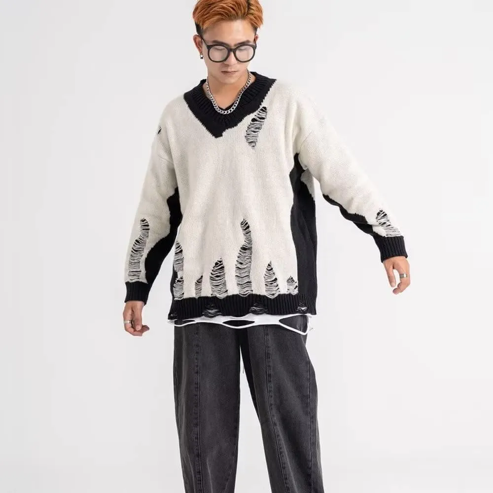 Black White Patchwork Pullovers Sweaters Men Harajuku Hole Knit Unisex Sweater