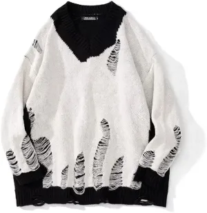 Black White Patchwork Pullovers Sweaters Men Harajuku Hole Knit Unisex Sweater