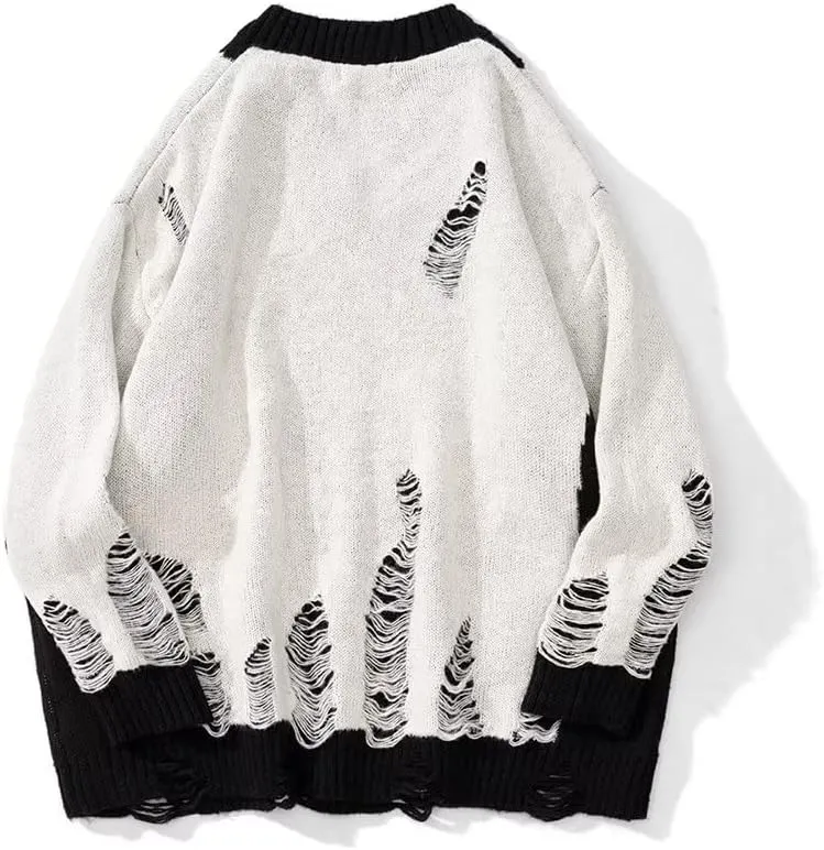 Black White Patchwork Pullovers Sweaters Men Harajuku Hole Knit Unisex Sweater