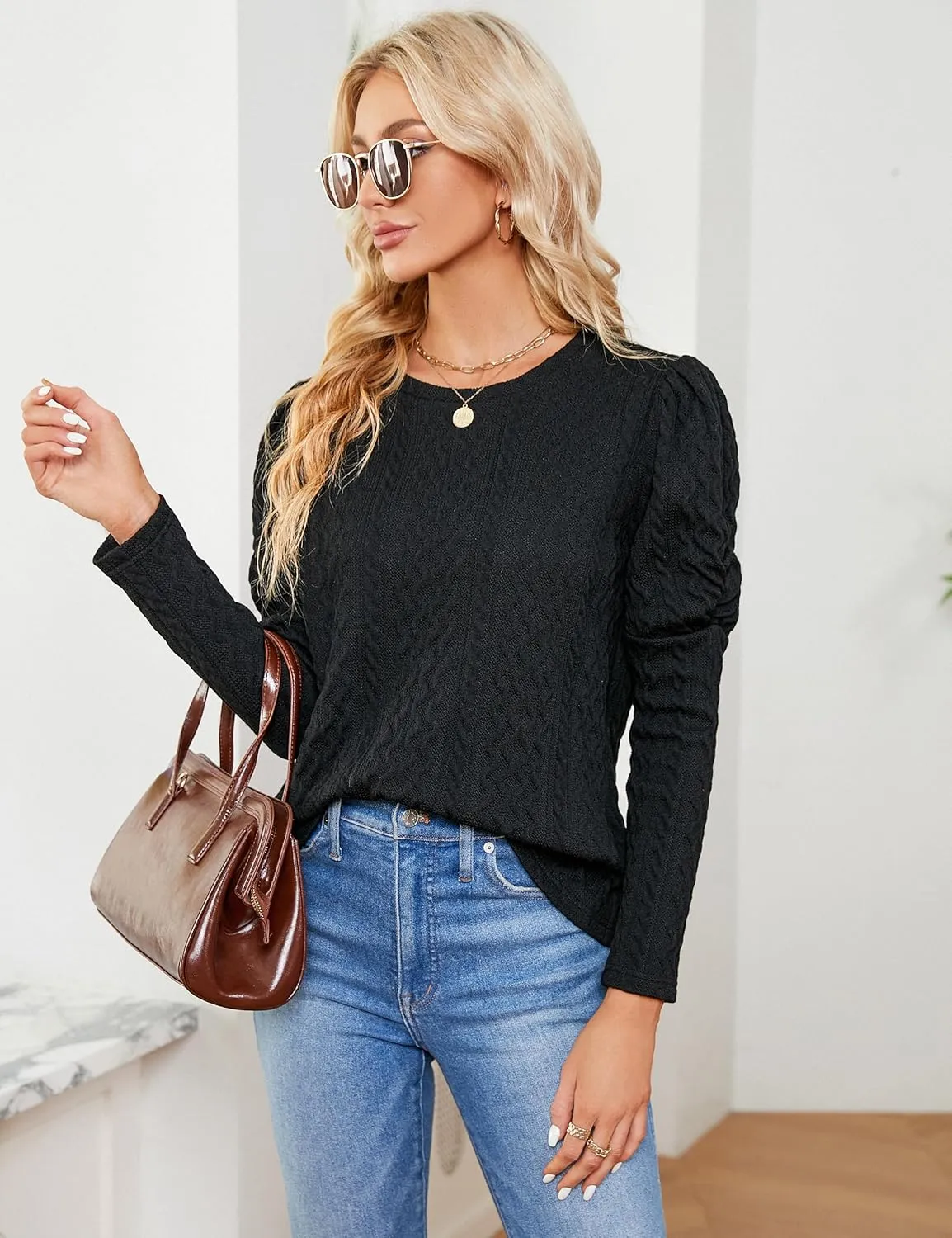 Blooming Jelly Womens Fall Sweaters Dressy Casual Pullover Tops Puff Long Sleeve Cable Knit Business Jumper Shirt Blouse