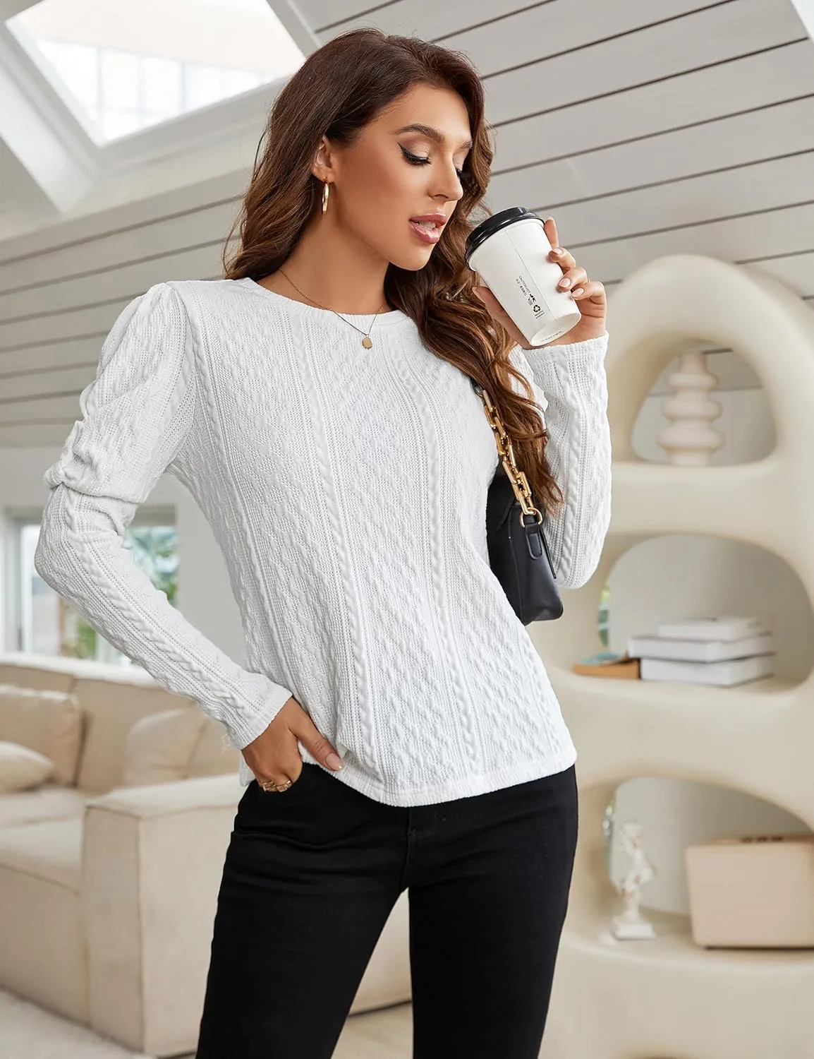 Blooming Jelly Womens Fall Sweaters Dressy Casual Pullover Tops Puff Long Sleeve Cable Knit Business Jumper Shirt Blouse