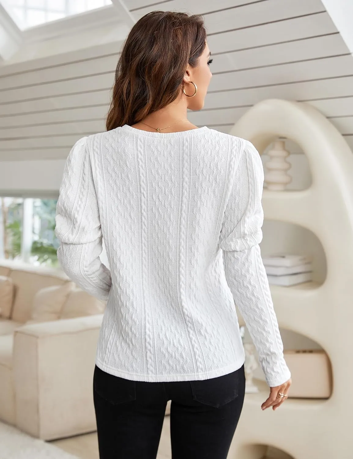 Blooming Jelly Womens Fall Sweaters Dressy Casual Pullover Tops Puff Long Sleeve Cable Knit Business Jumper Shirt Blouse
