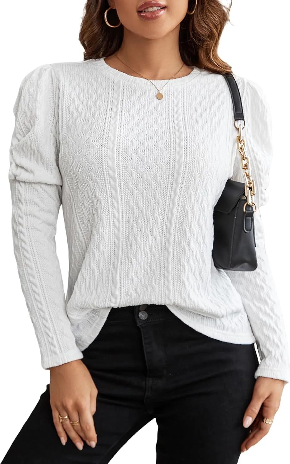 Blooming Jelly Womens Fall Sweaters Dressy Casual Pullover Tops Puff Long Sleeve Cable Knit Business Jumper Shirt Blouse