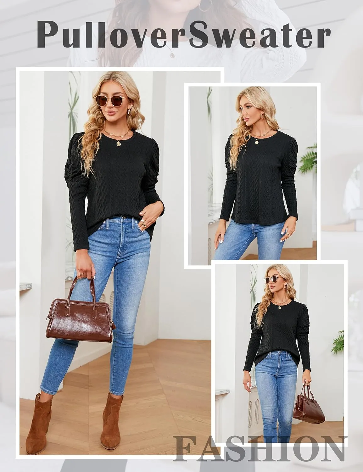 Blooming Jelly Womens Fall Sweaters Dressy Casual Pullover Tops Puff Long Sleeve Cable Knit Business Jumper Shirt Blouse