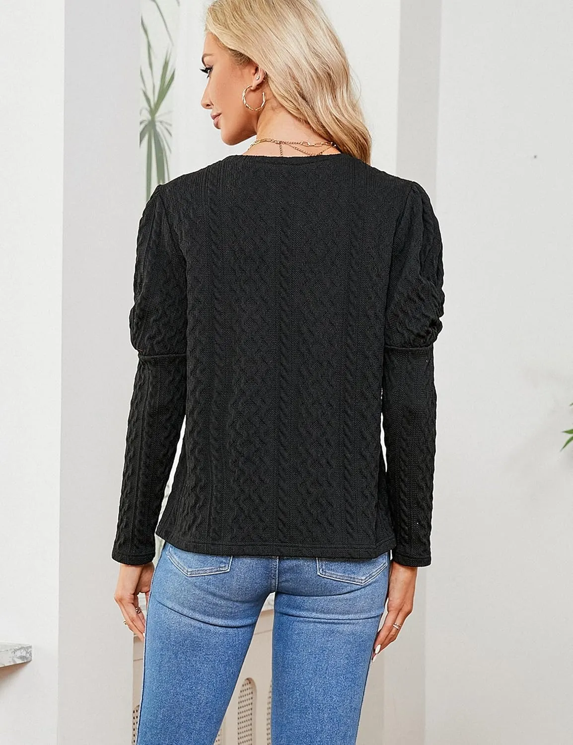 Blooming Jelly Womens Fall Sweaters Dressy Casual Pullover Tops Puff Long Sleeve Cable Knit Business Jumper Shirt Blouse
