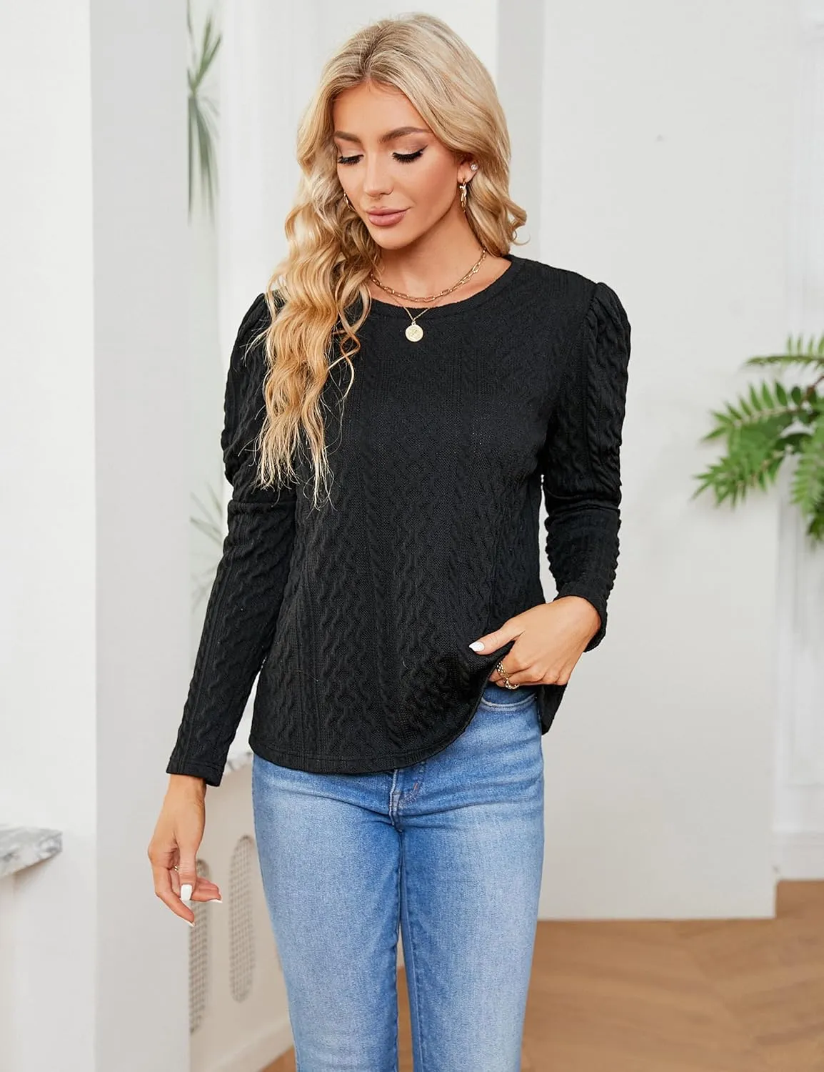 Blooming Jelly Womens Fall Sweaters Dressy Casual Pullover Tops Puff Long Sleeve Cable Knit Business Jumper Shirt Blouse