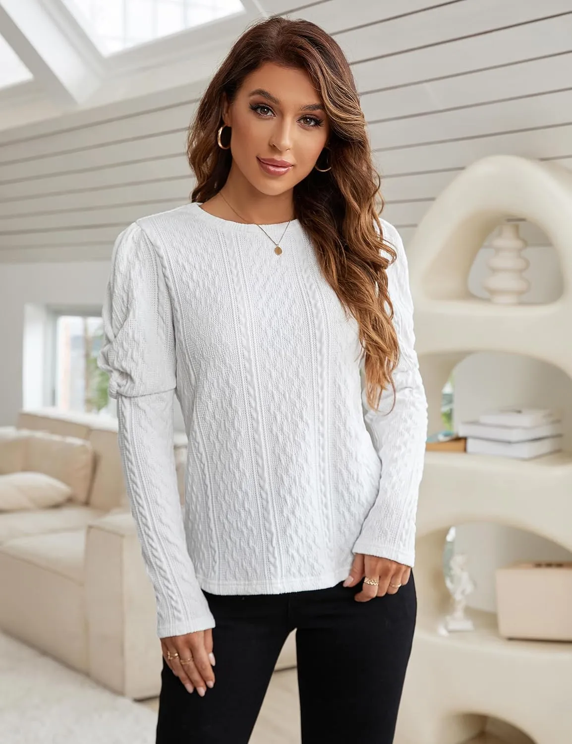 Blooming Jelly Womens Fall Sweaters Dressy Casual Pullover Tops Puff Long Sleeve Cable Knit Business Jumper Shirt Blouse