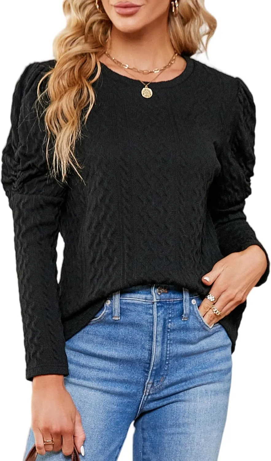 Blooming Jelly Womens Fall Sweaters Dressy Casual Pullover Tops Puff Long Sleeve Cable Knit Business Jumper Shirt Blouse