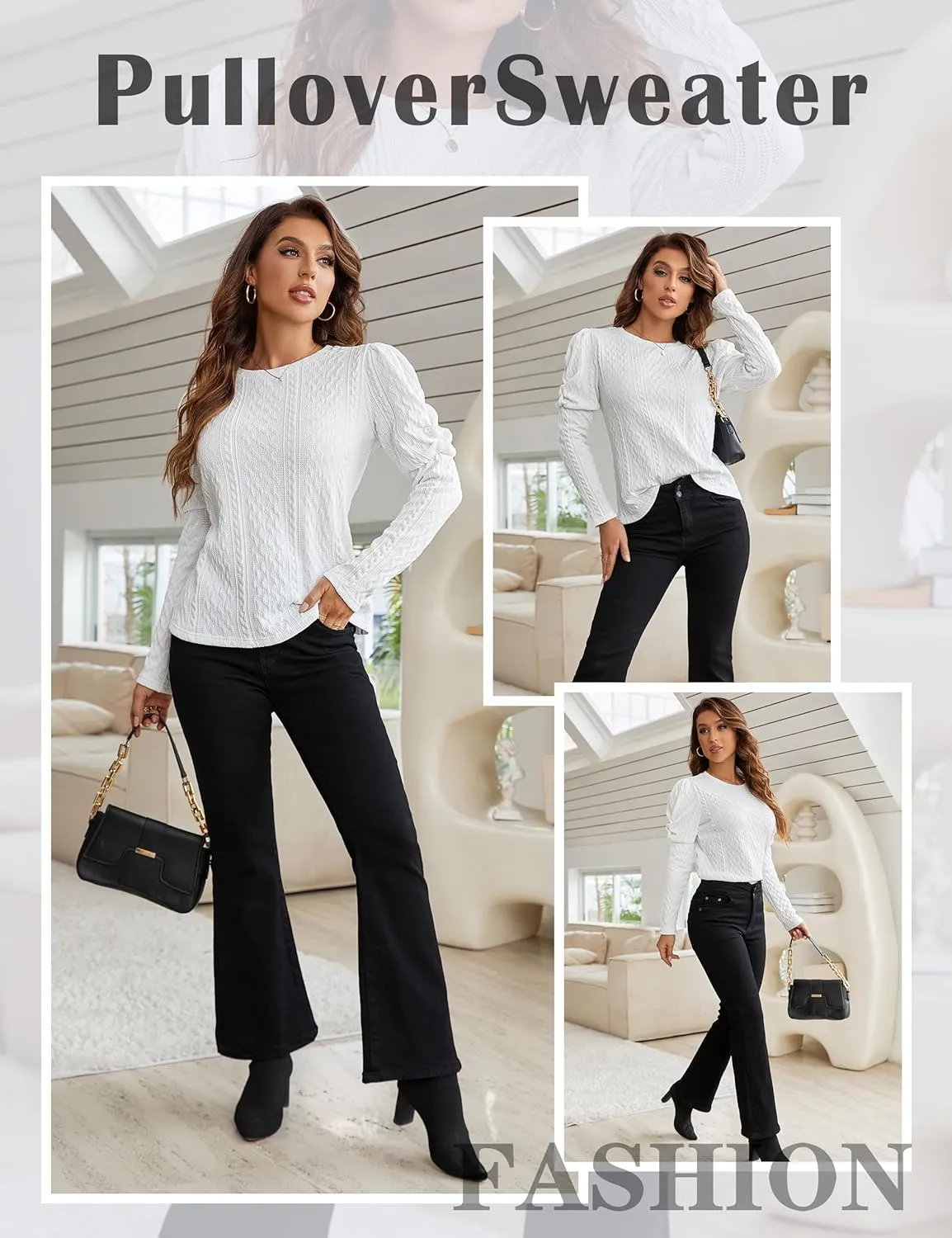 Blooming Jelly Womens Fall Sweaters Dressy Casual Pullover Tops Puff Long Sleeve Cable Knit Business Jumper Shirt Blouse